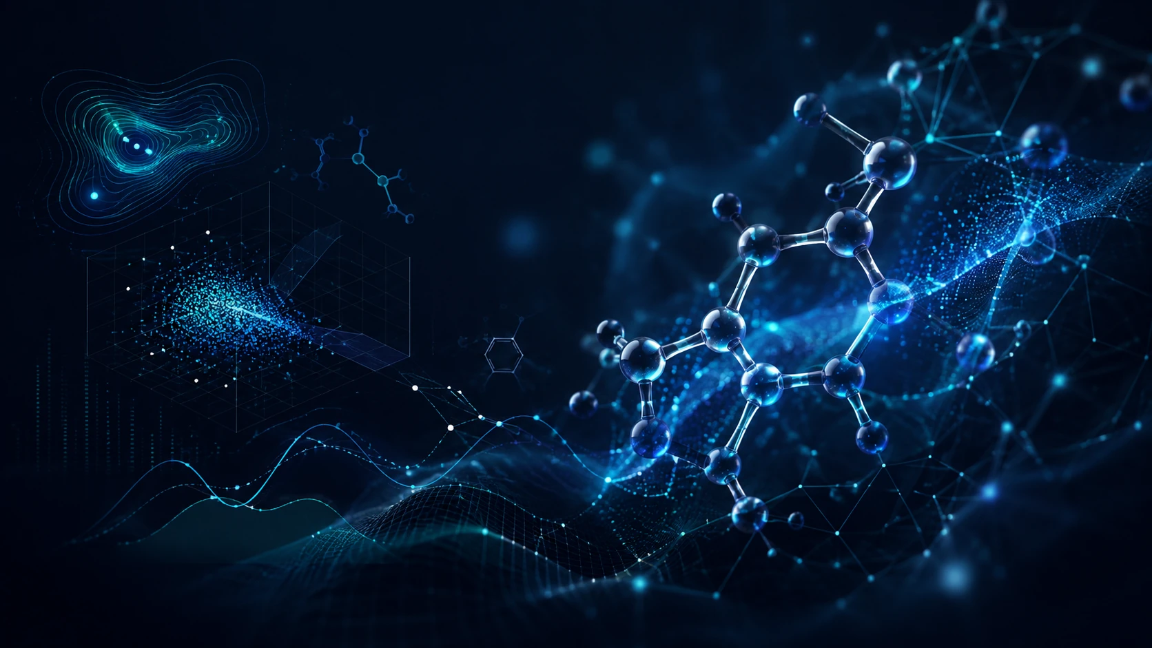 Abstract molecular network representing AI-assisted molecular intelligence and chemical-space analysis.